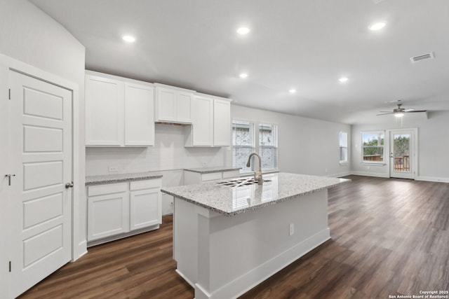 kitchen with white cabinets, sink, a kitchen island with sink, and light stone counters