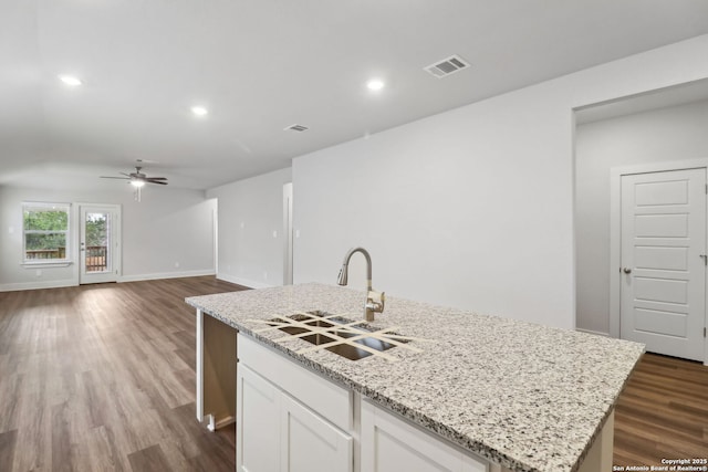 kitchen featuring sink, ceiling fan, light stone countertops, an island with sink, and white cabinets