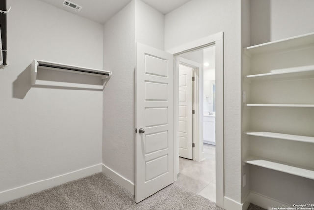 spacious closet featuring light colored carpet