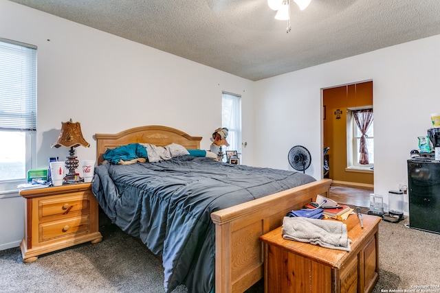 carpeted bedroom featuring multiple windows, a textured ceiling, and ceiling fan