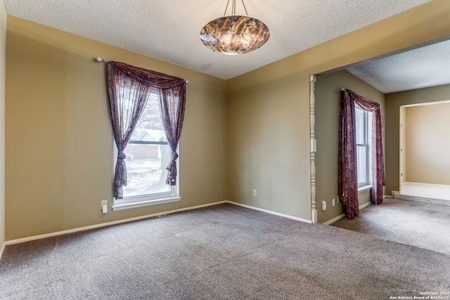 spare room featuring carpet flooring and a textured ceiling