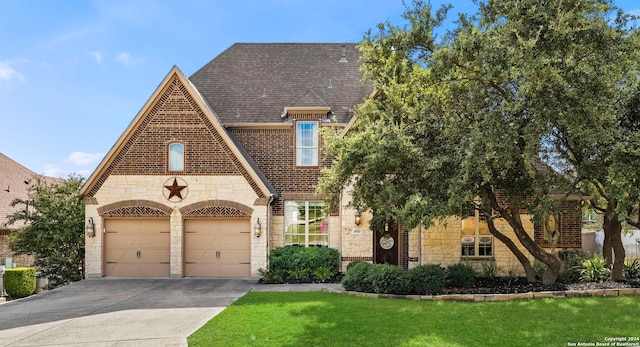 tudor home featuring a front lawn and a garage