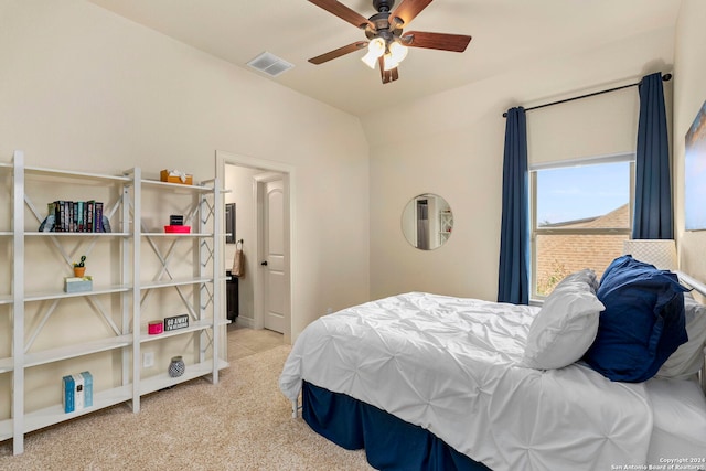 bedroom with light colored carpet and ceiling fan