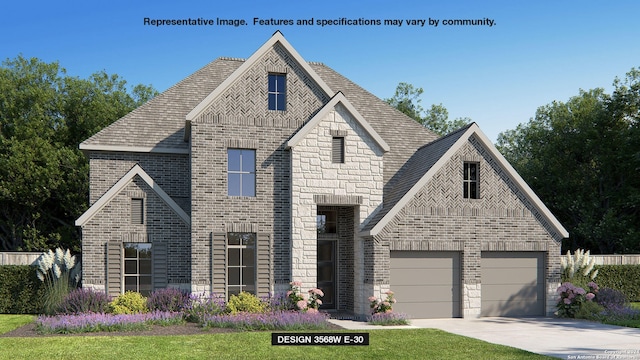 view of front of home featuring concrete driveway, brick siding, stone siding, and roof with shingles