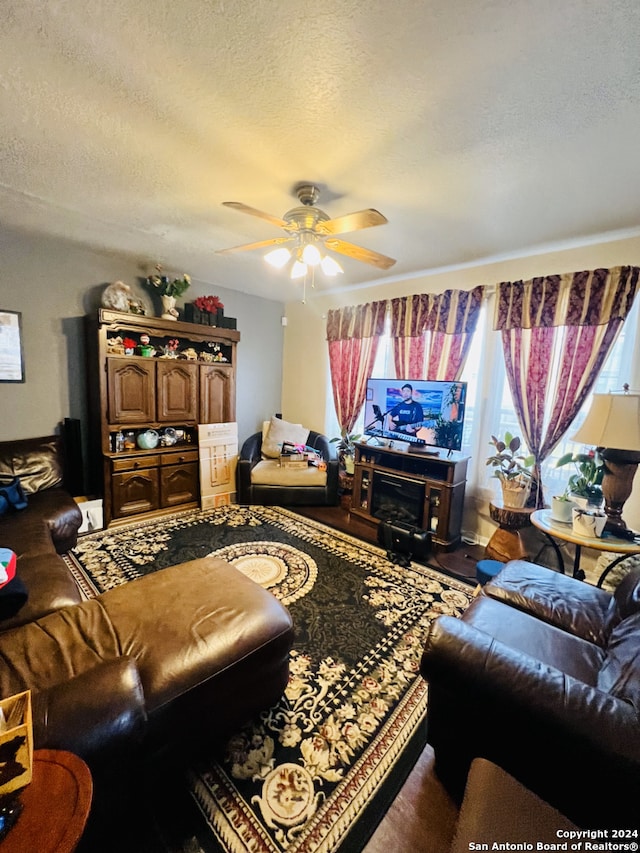 living room with a textured ceiling, hardwood / wood-style flooring, and ceiling fan