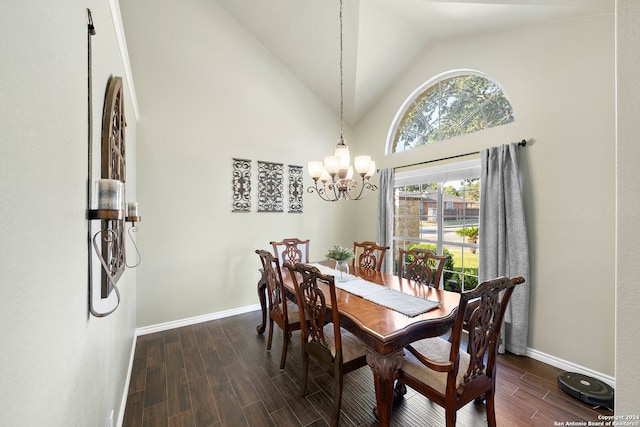 dining area featuring high vaulted ceiling, a chandelier, and dark hardwood / wood-style floors