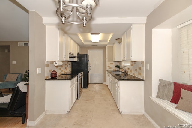 kitchen with tasteful backsplash, sink, stainless steel range with electric cooktop, and white cabinets