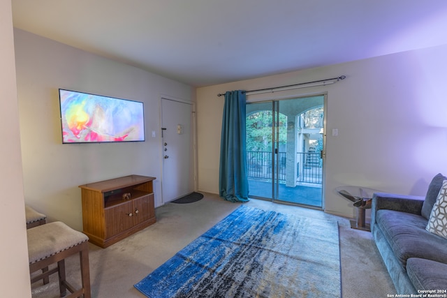 living room featuring light carpet