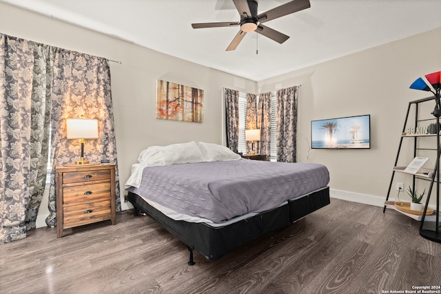 bedroom featuring wood-type flooring and ceiling fan