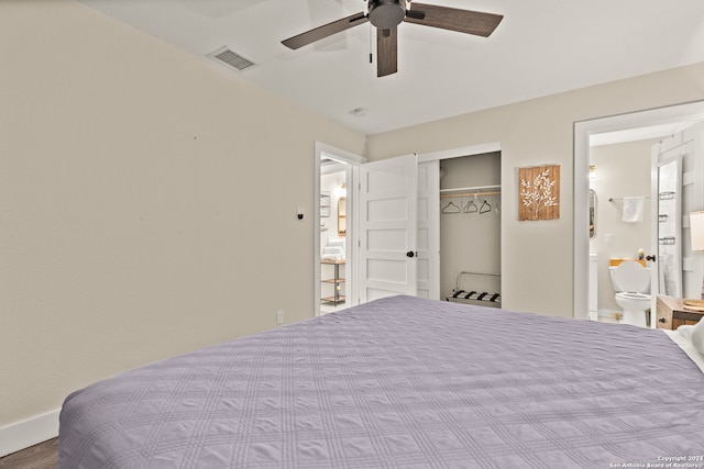 bedroom with a closet, ceiling fan, and connected bathroom