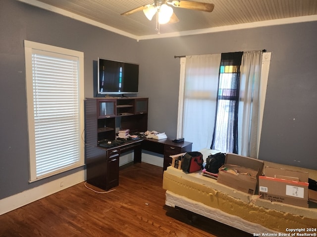 office area with ceiling fan, wood-type flooring, and ornamental molding