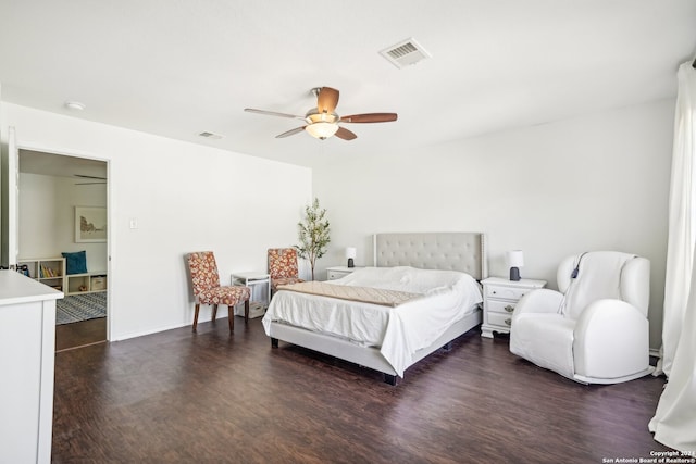 bedroom featuring dark wood-type flooring and ceiling fan