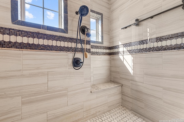 bathroom with tiled shower and a wealth of natural light