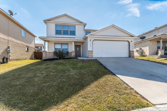 craftsman-style house with a front yard and a garage