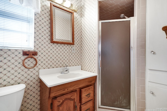 bathroom featuring vanity, toilet, and walk in shower