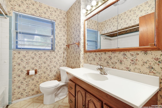 full bathroom with vanity, toilet, and plus walk in shower