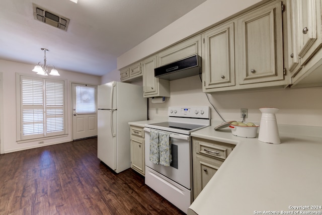 kitchen with exhaust hood, dark wood-type flooring, cream cabinetry, and white appliances