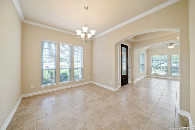 empty room featuring crown molding, light tile patterned floors, ceiling fan with notable chandelier, and a wealth of natural light