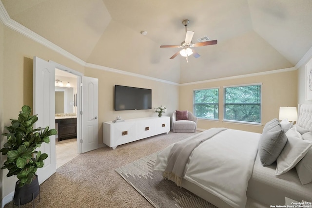 bedroom featuring ensuite bath, vaulted ceiling, carpet flooring, and ceiling fan