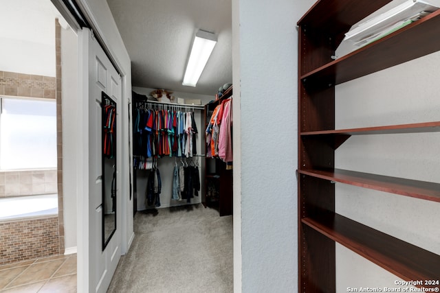 walk in closet featuring light colored carpet