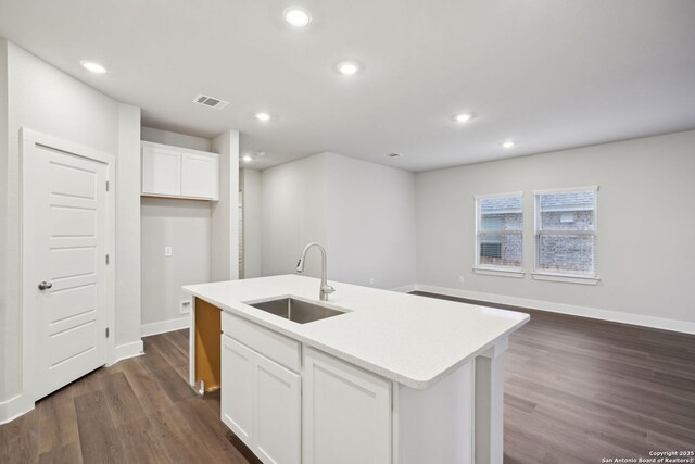 1327 Larkspur Pass, San Antonio, TX 78245 - kitchen with sink, dark hardwood / wood-style floors, an island with sink, and white cabinets
