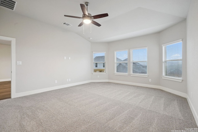 1327 Larkspur Pass, San Antonio, TX 78245 - carpeted empty room featuring vaulted ceiling, a healthy amount of sunlight, and ceiling fan