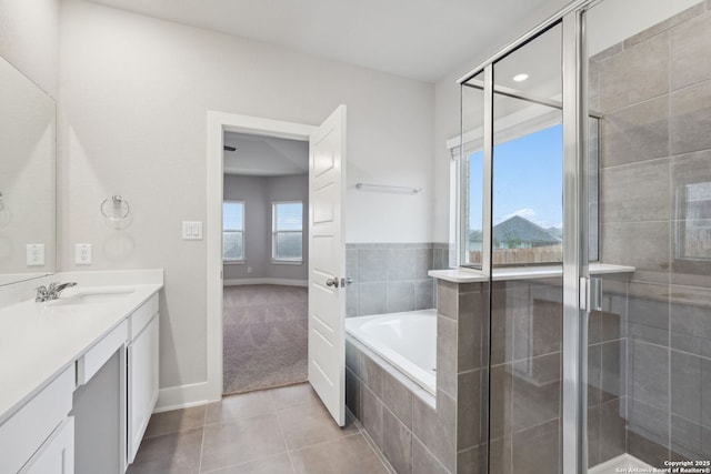 1327 Larkspur Pass, San Antonio, TX 78245 - bathroom with vanity, separate shower and tub, and tile patterned floors