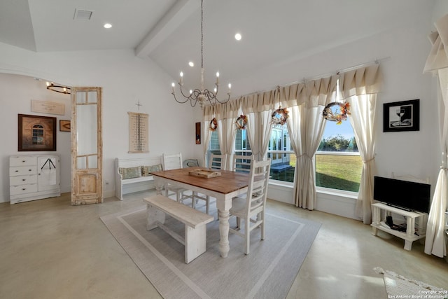 dining space featuring an inviting chandelier and vaulted ceiling with beams