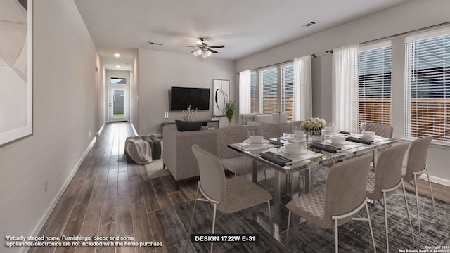 dining area featuring a ceiling fan, visible vents, baseboards, and wood finished floors