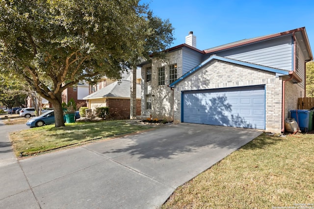 front facade with a front yard and a garage