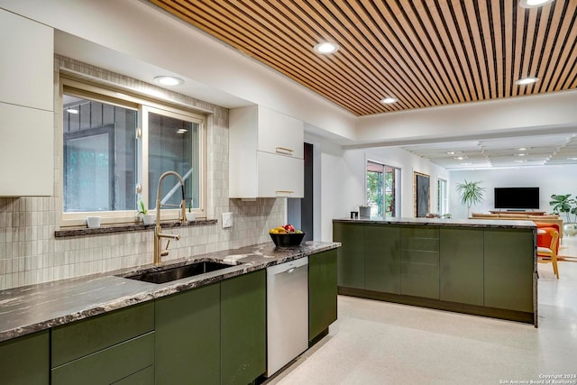 kitchen featuring green cabinets, sink, stainless steel dishwasher, backsplash, and white cabinetry