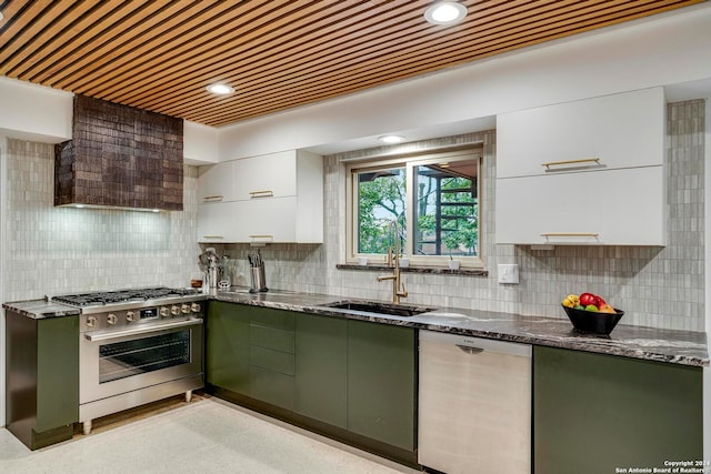 kitchen with green cabinets, white cabinetry, decorative backsplash, and appliances with stainless steel finishes