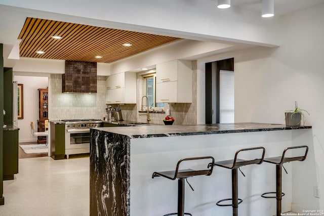 kitchen featuring white cabinets, kitchen peninsula, sink, tasteful backsplash, and high end stove