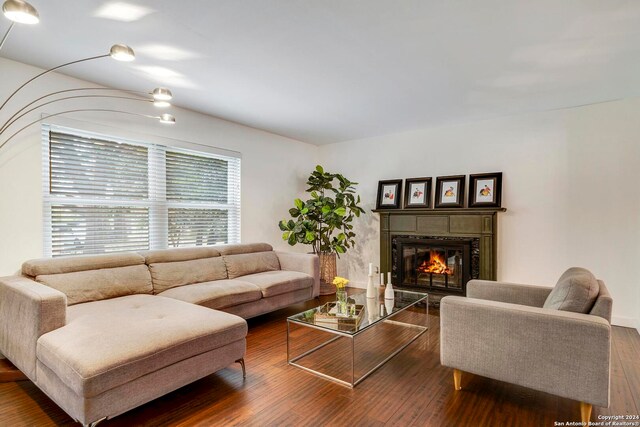 living room with dark hardwood / wood-style flooring