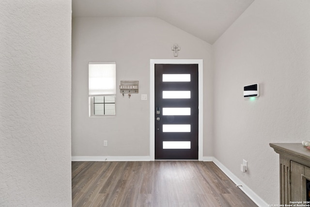 entryway with vaulted ceiling and dark hardwood / wood-style floors