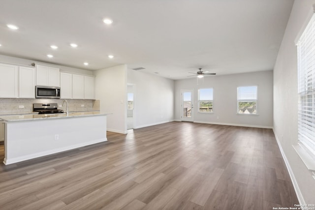 kitchen with ceiling fan, light wood-type flooring, tasteful backsplash, white cabinetry, and stainless steel appliances