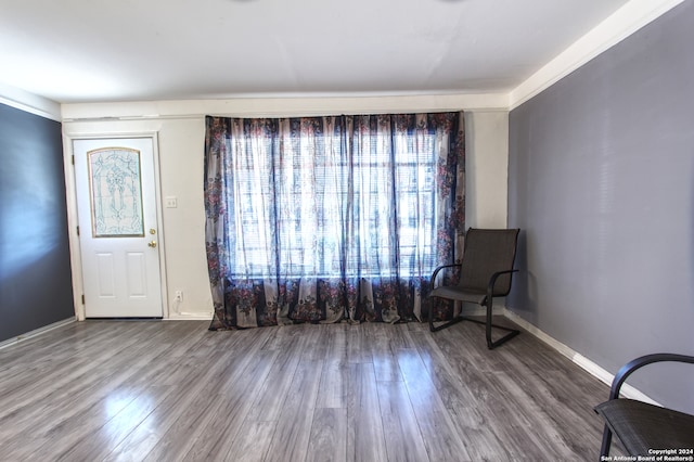 foyer featuring crown molding and hardwood / wood-style floors