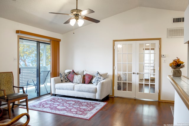 living room featuring french doors, ceiling fan, vaulted ceiling, and dark hardwood / wood-style floors