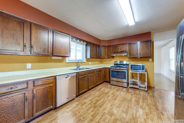 kitchen featuring sink, appliances with stainless steel finishes, and light hardwood / wood-style flooring