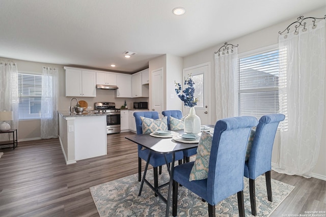 dining space featuring sink and dark hardwood / wood-style flooring