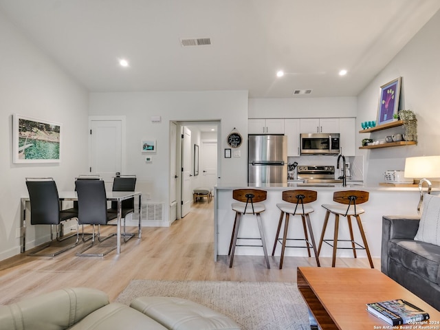 living room featuring light hardwood / wood-style floors and sink