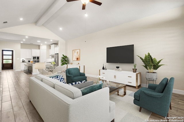 living room with light hardwood / wood-style flooring, beamed ceiling, high vaulted ceiling, and ceiling fan