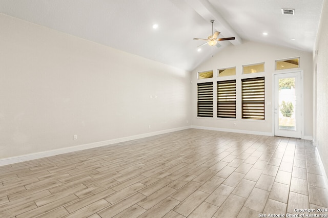 unfurnished room featuring lofted ceiling with beams, light hardwood / wood-style floors, and ceiling fan