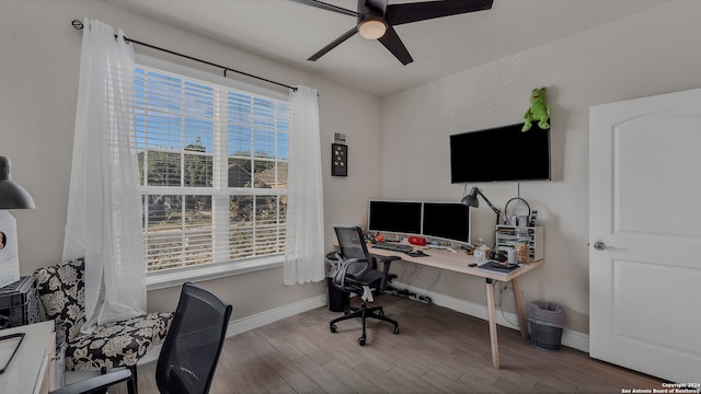 office area with ceiling fan and hardwood / wood-style flooring