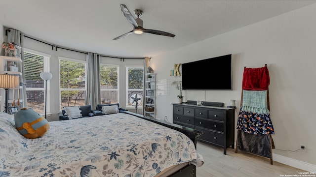 bedroom featuring light wood-type flooring and ceiling fan