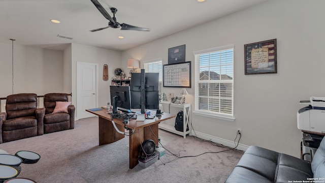 office featuring light colored carpet and ceiling fan