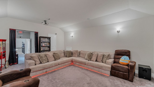 living room with light carpet and lofted ceiling