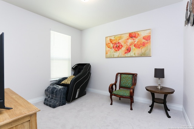 sitting room featuring light carpet