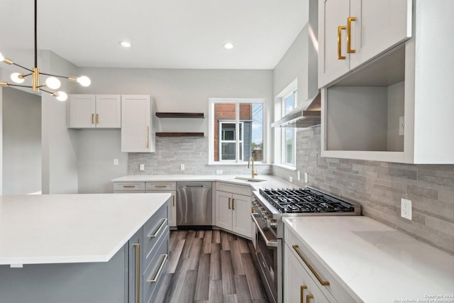 159 E Davis Ct Unit 102, San Antonio, TX 78209 - kitchen with open shelves, decorative backsplash, dark wood-style floors, a sink, and stainless steel appliances