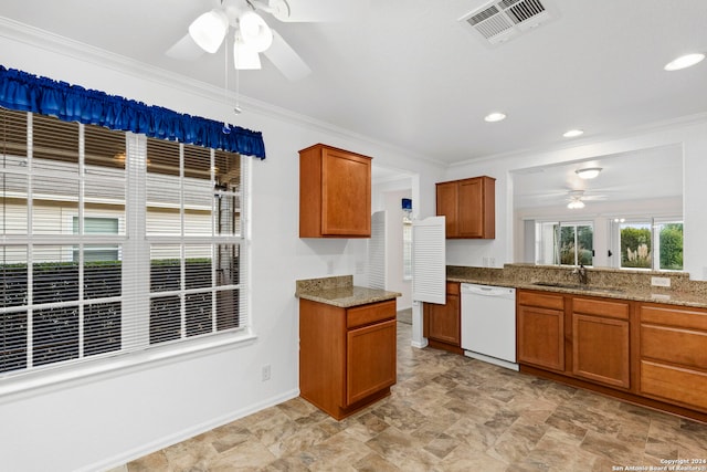 kitchen with white dishwasher, ornamental molding, sink, and light stone countertops